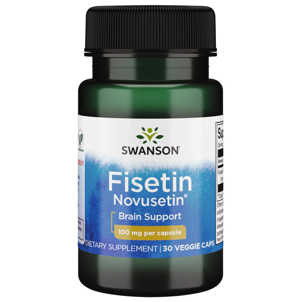 Swanson Fisetin bottle front view with Novusetin extract for cognitive support