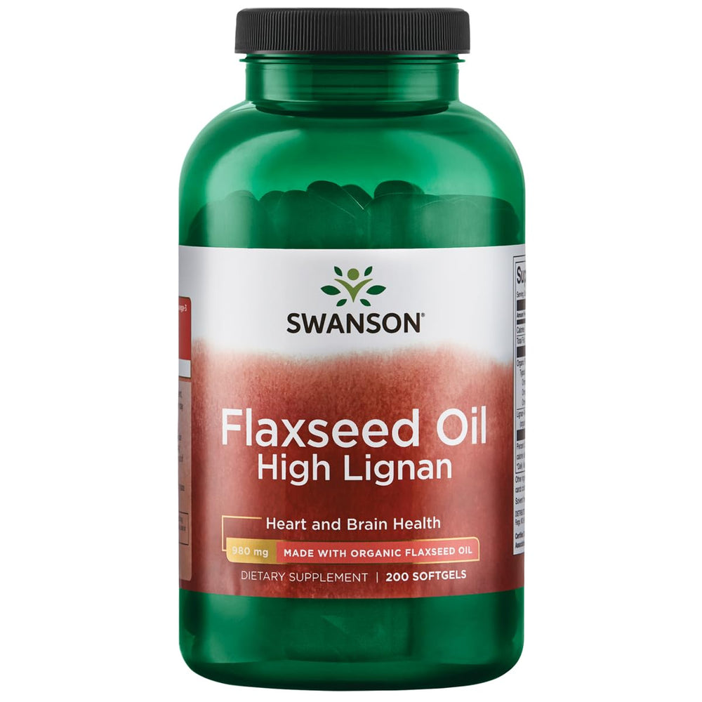 Swanson Omegatru flaxseed oil bottle highlighting high lignan omega-3 content for heart-friendly nutrition.