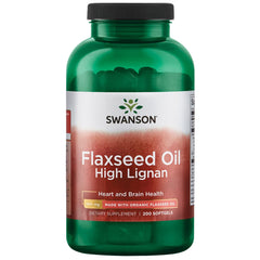 Swanson Omegatru flaxseed oil bottle highlighting high lignan omega-3 content for heart-friendly nutrition.