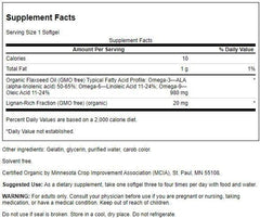 Swanson Omegatru flaxseed oil label close-up showing premium composition and non-GMO sourcing.