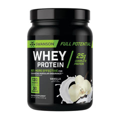 Swanson Full Potential Whey Vanilla bottle highlighting a high-protein blend for muscle recovery
