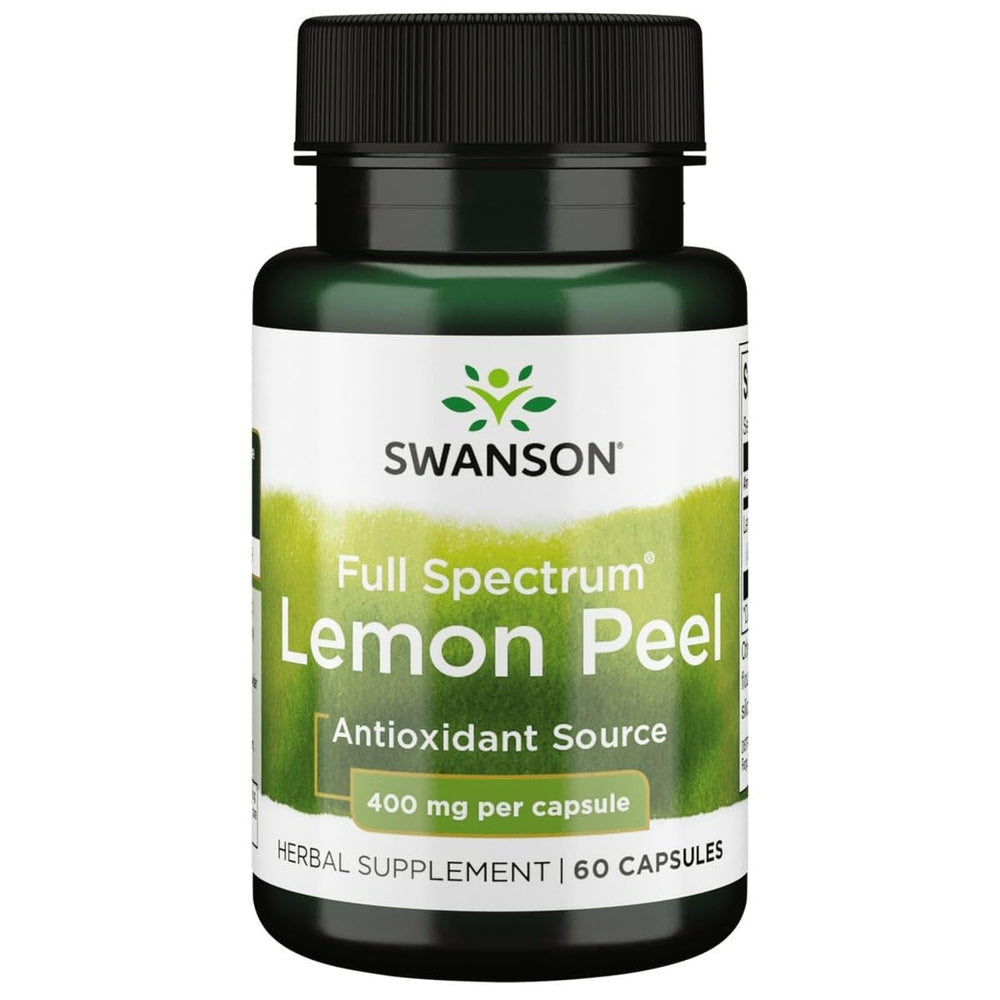 Swanson Full Spectrum Lemon Peel bottle label highlights antioxidant-rich capsules