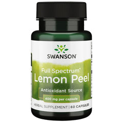 Swanson Full Spectrum Lemon Peel bottle label highlights antioxidant-rich capsules