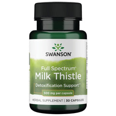 Swanson Full Spectrum Milk Thistle 500mg bottle on shelf supports healthy liver function