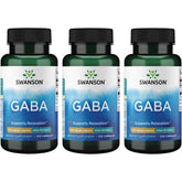 Swanson GABA bottle with capsules for daily relaxation and stress support.