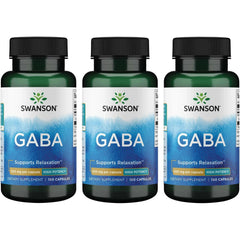 Swanson GABA bottle with capsules for daily relaxation and stress support.