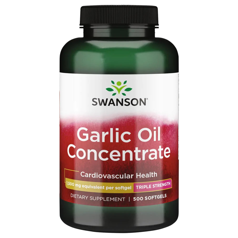 This image shows Swanson Garlic Oil bottle with 1500 mg equivalent for daily wellness support.