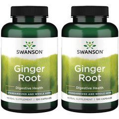 Swanson Ginger Root bottle with 120 capsules offering digestive support.