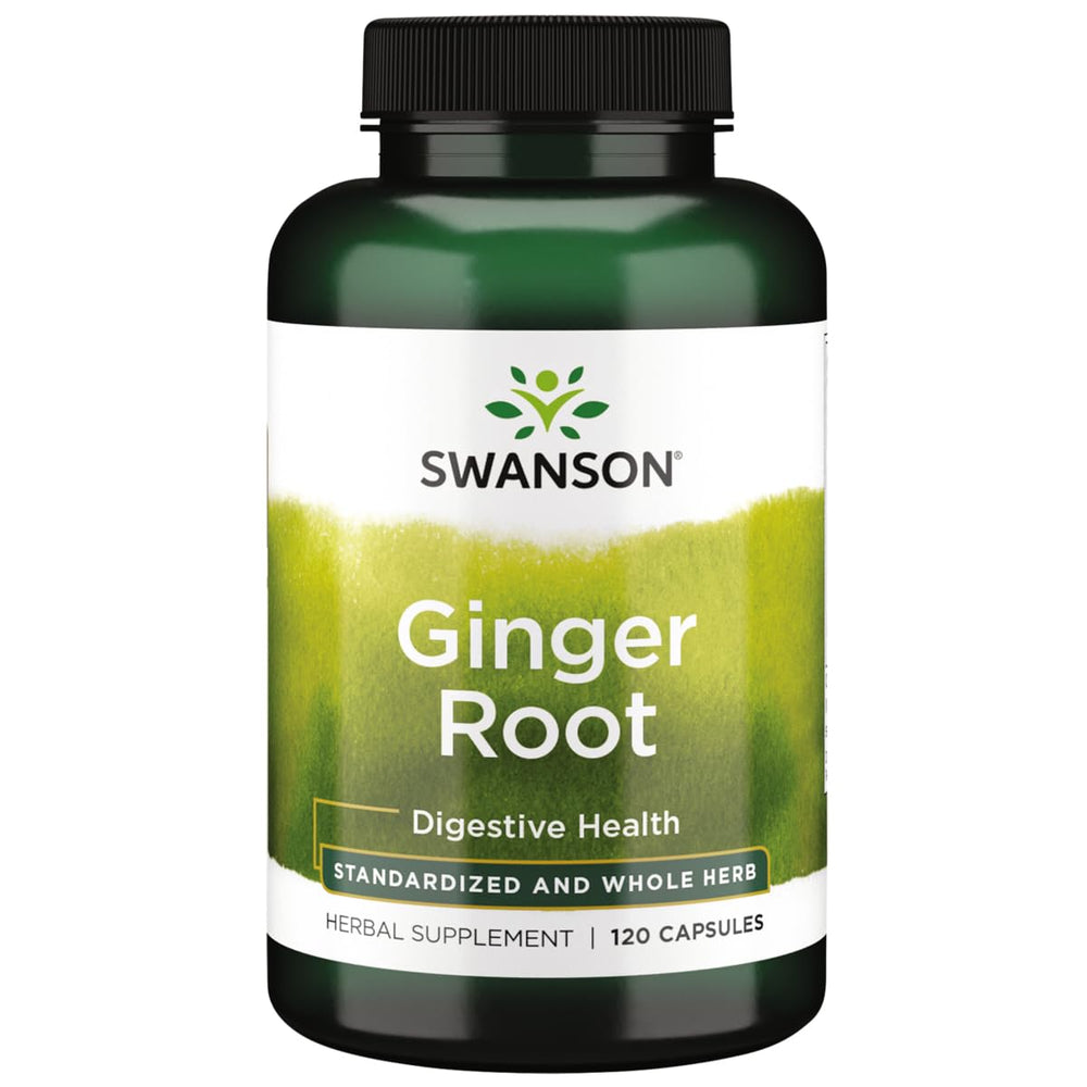 Swanson Ginger Root Standardized bottle showing five-percent gingerols for digestive comfort.
