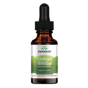 Swanson Ginkgo Biloba liquid bottle close-up, alcohol-free formula for easy dosing.