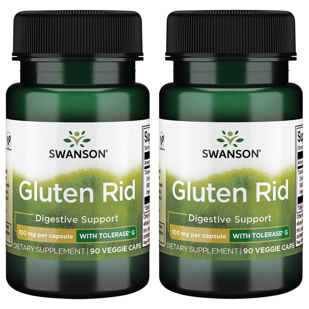 Swanson Gluten Rid with Tolerase G bottle closeup, vegan capsules for gluten digestion support