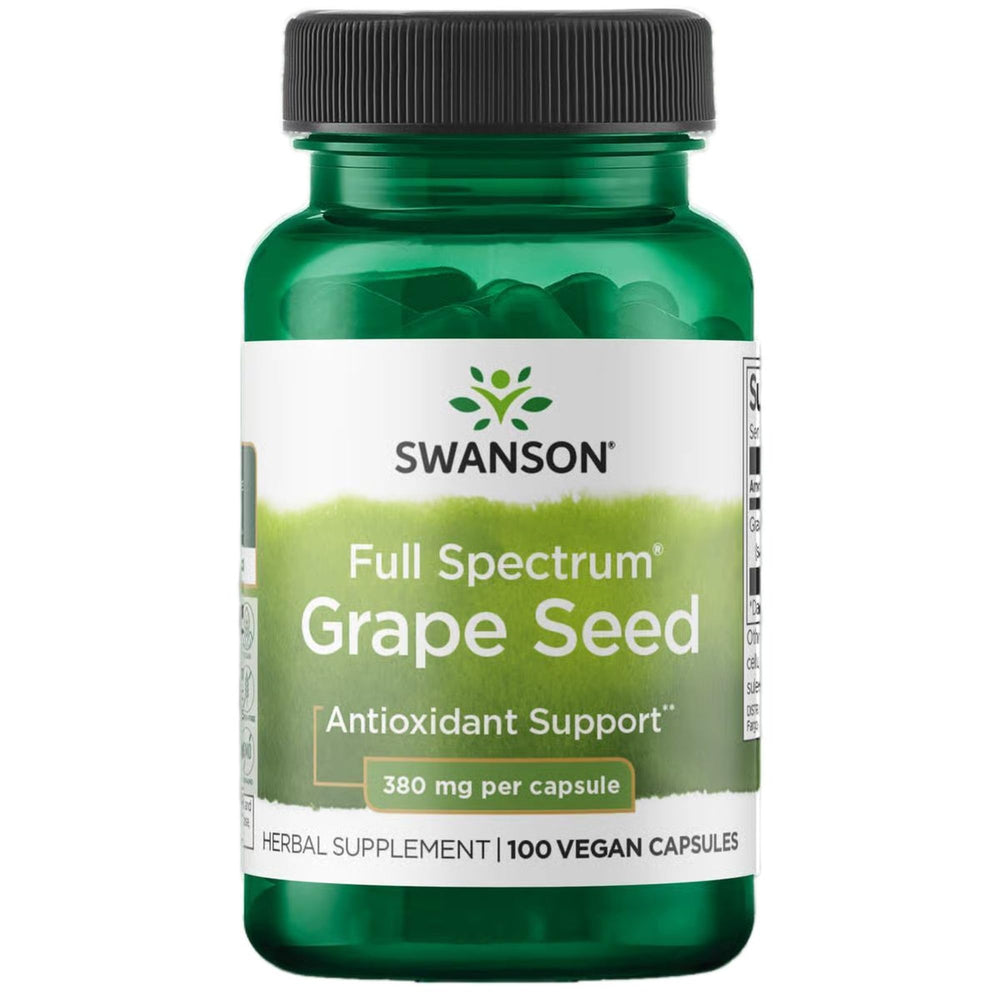 Swanson Grape Seed capsules bottle demonstrates antioxidant support for everyday wellness.