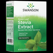 Swanson Green Leaf Stevia Extract packets for calorie-free sweetness in drinks.
