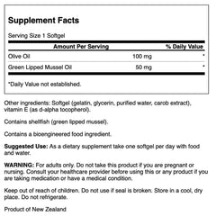 Swanson Green Lipped Mussel Oil capsules image highlighting eco-friendly sourcing and potential brain, skin, heart support.