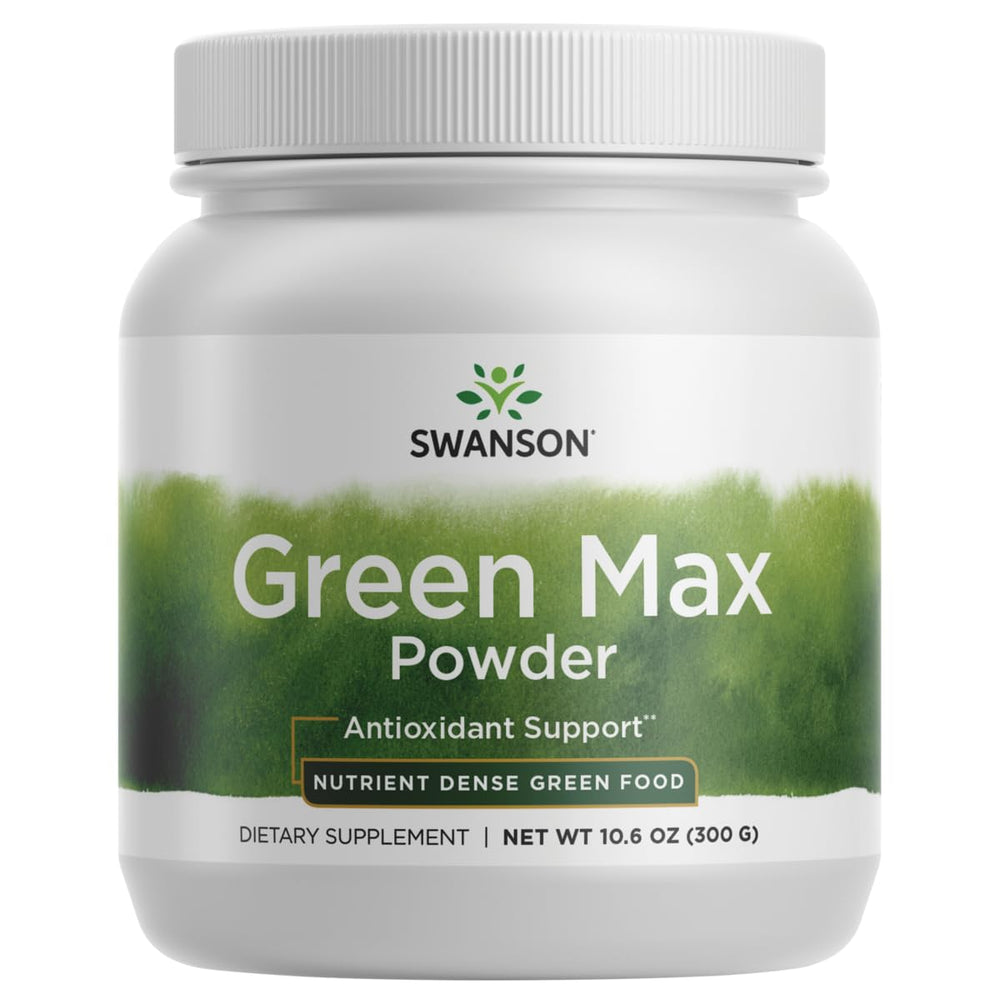 Swanson Green MAX Powder bottle front view highlighting nutrient-dense greens for daily wellness