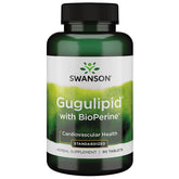 Swanson Gugulipid bottle close-up highlighting 2.5 percent guggulsterones and Bioperine for absorption.