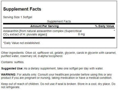Swanson Astaxanthin 8 mg 30 sgels label highlights science-backed formulation and quality testing.
