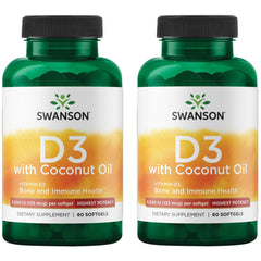 Swanson high-potency D-3 coconut softgel bottle for bone health support.