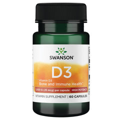 Swanson high-potency Vitamin D-3 1000 IU bottle supports calcium absorption and immune wellness.