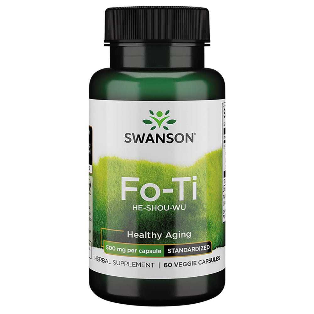 Swanson Fo-Ti Std 500mg bottle front view highlighting vegan capsules for daily wellness