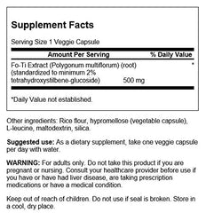 Swanson Fo-Ti Std 500mg bottle label close-up showing THSG content and vegan notes