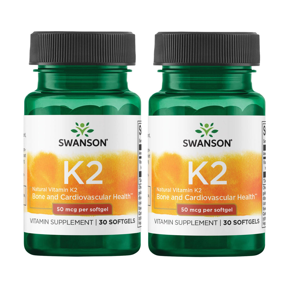 Swanson K2 50 mcg bottle label shows natural MK-7 source for bone support potential.