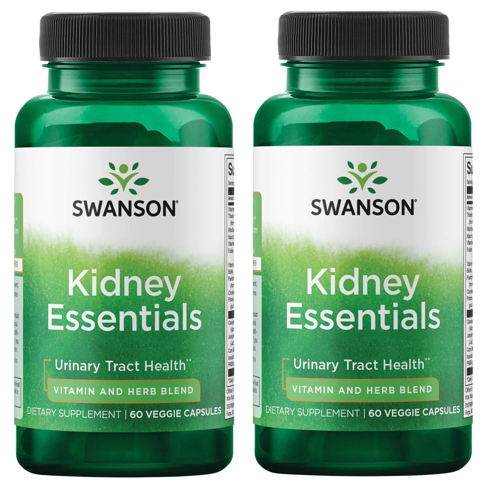 Swanson Kidney Essentials bottle with 60 vegetarian capsules, supports urinary tract health and fluid balance.