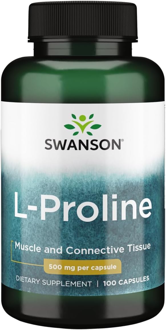 Swanson L-Proline bottle showing 500 mg capsules for connective tissue support.