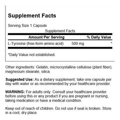 Swanson L-Tyrosine label shows 100 capsules at 500 mg each.