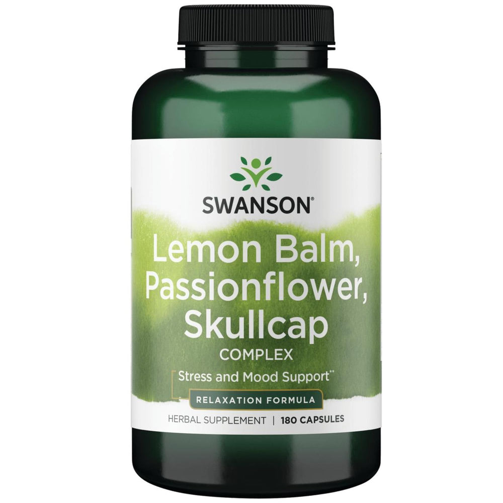 Swanson Lemon Balm Passion Flower Skullcap Complex bottle front suggests a daily calm routine.