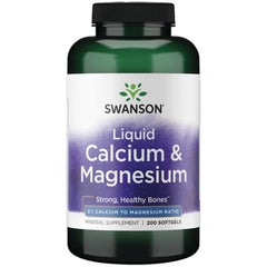 Swanson Liquid Calcium and Magnesium 200 SGELS bottle front view supports bone health.