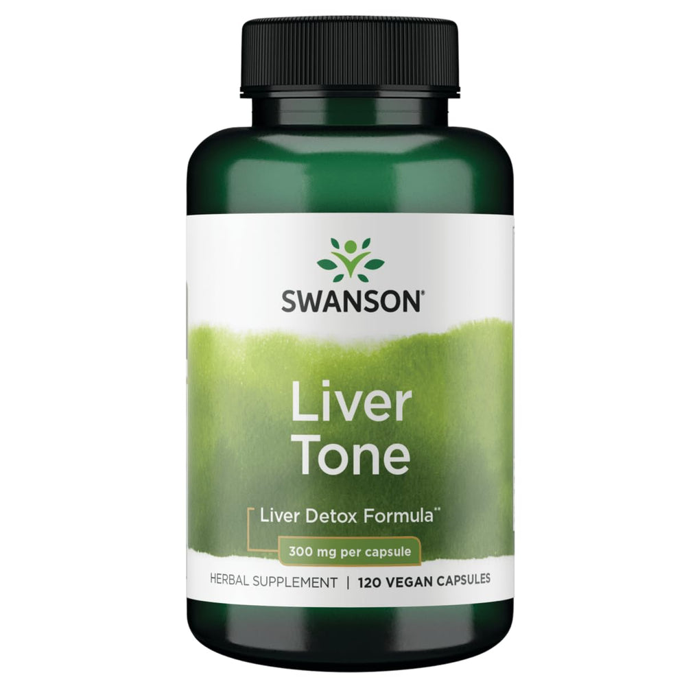Swanson Liver Tone bottle-front view highlighting compact vegan detox formula
