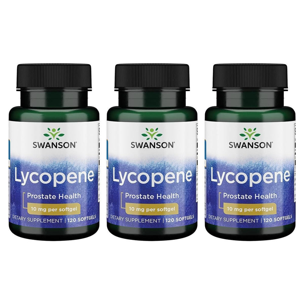 Swanson Lycopene 10 mg softgels 120-count triple pack for antioxidant support and cardiovascular wellness.