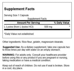 Swanson L-Lysine capsules closeup highlights plant-based, full-spectrum formulation.