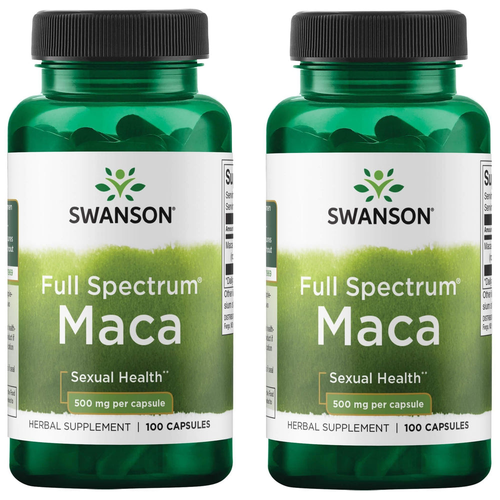 Swanson Maca 500mg 100 capsules product shot highlighting vitality support and balanced energy.