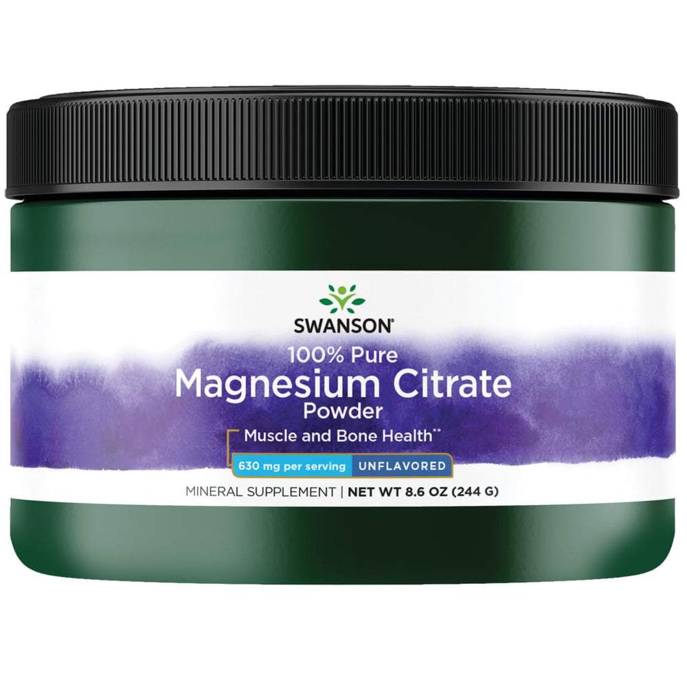 Swanson Magnesium Citrate Powder bottle pour for easy daily mixing and versatile use.
