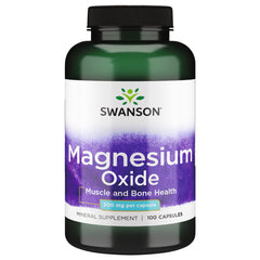 Swanson Magnesium Oxide 500 mg bottle with label, supports energy production and muscle function.
