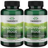 Swanson Marshmallow Root bottle label highlighting 500 mg capsules for respiratory comfort and digestive support.