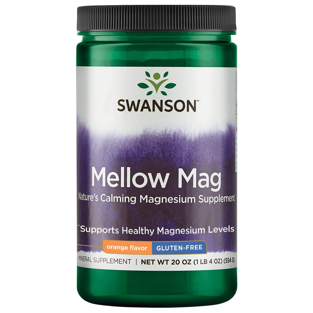 Swanson Mellow Magnesium powder orange bottle promotes muscle relaxation and overall wellness.