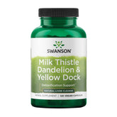 Swanson Milk Thistle Dandelion Yellow Dock bottle showing herbal capsules for everyday liver support.