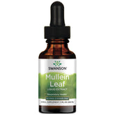 Swanson Mullein Leaf Liquid Extract bottle pour, alcohol-free formula for easy use.