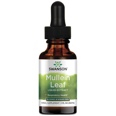 Swanson Mullein Leaf Liquid Extract bottle pour, alcohol-free formula for easy use.