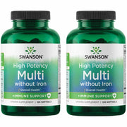 Swanson Multi Without Iron softgels bottle highlights antioxidant support for daily wellness.