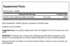 Swanson Natural Vitamin E bottle label closeup showing product details and antioxidant support.