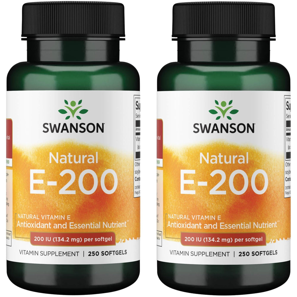 Swanson Natural Vitamin E softgels pack closeup, easy-to-swallow daily wellness support.