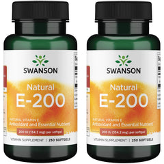 Swanson Natural Vitamin E softgels pack closeup, easy-to-swallow daily wellness support.