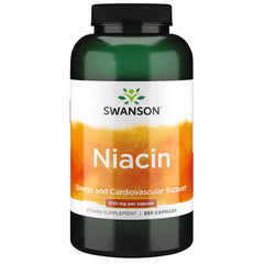 Swanson Niacin bottle cap close-up showing metabolism support for daily energy.