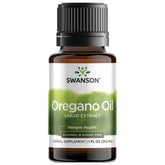 Swanson Oil of Oregano bottle label shows a pure, alcohol- and sugar-free formula.