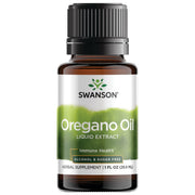 Swanson Oil of Oregano bottle label shows a pure, alcohol- and sugar-free formula.