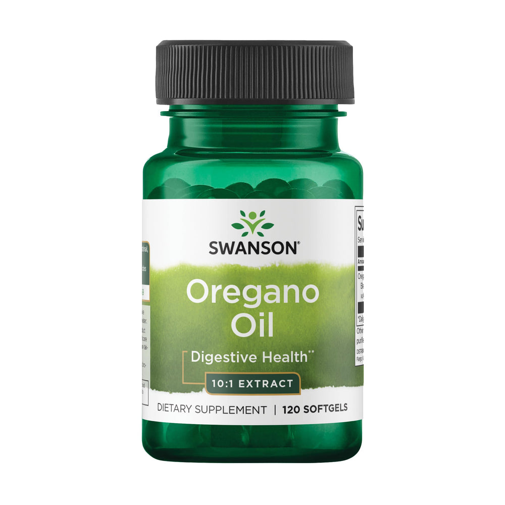 Swanson Oregano Oil 10:1 extract bottle promotes digestive comfort and overall wellness.